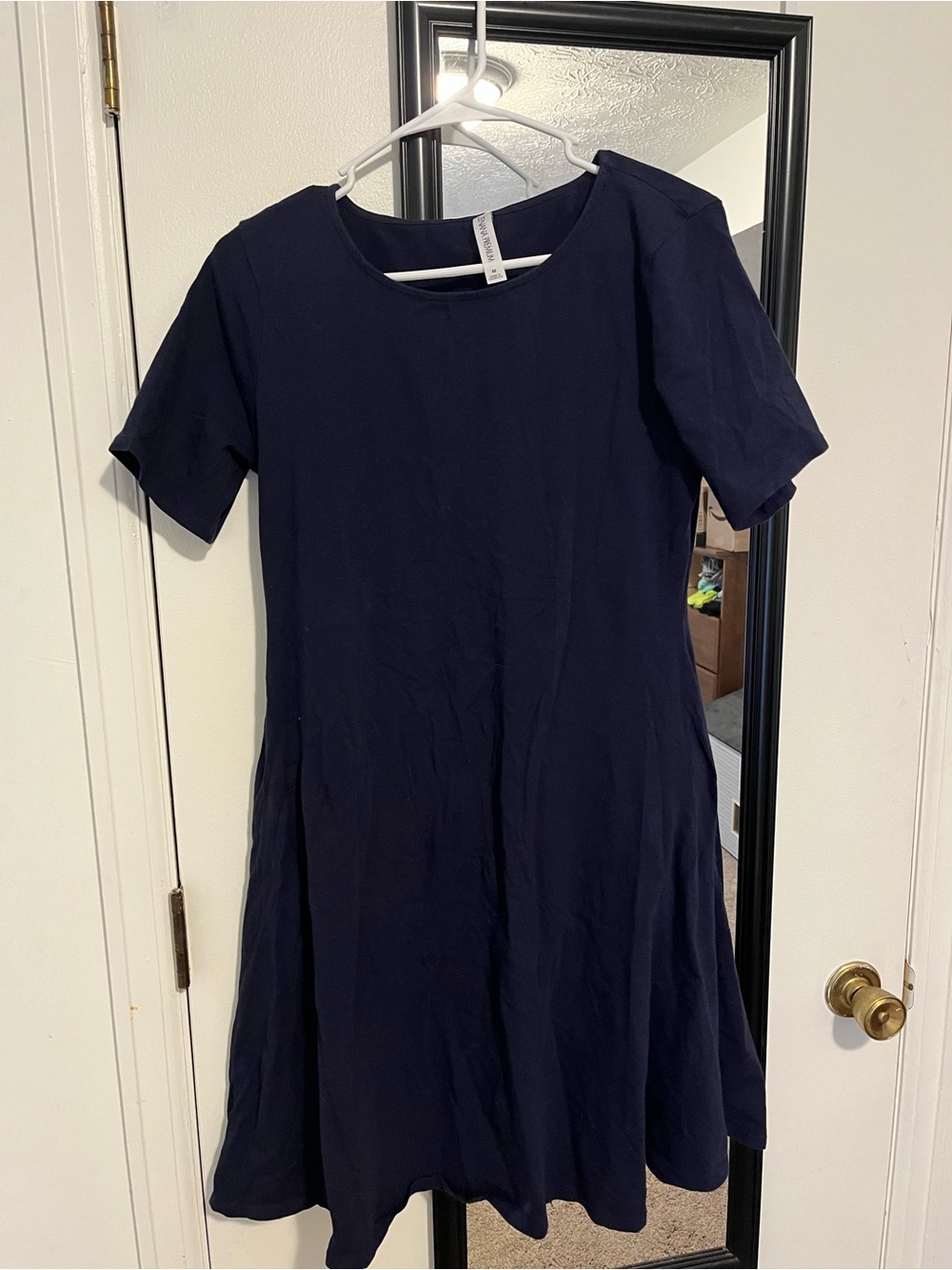 Navy Short-Sleeve Fit & Flare Dress with pockets